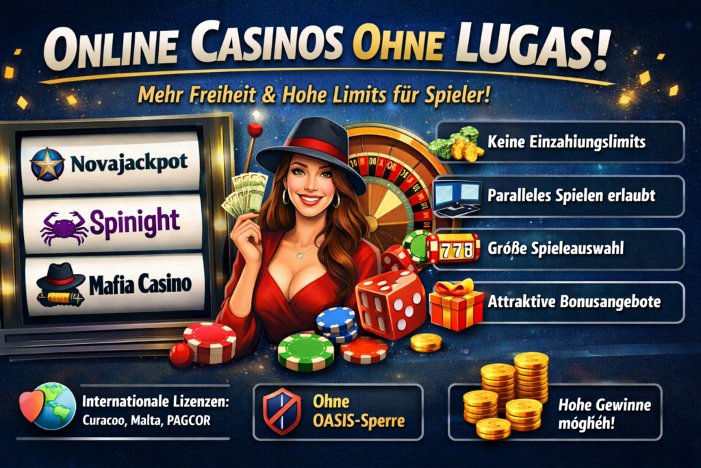 Illustration zu Online Casinos ohne LUGAS mit Casinochips, Roulette und Symbolen für hohe Limits und große Spielauswahl.