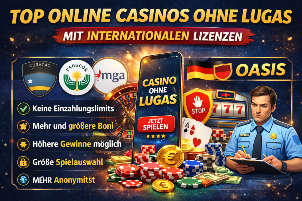 Vergleichsgrafik zwischen Online Casinos ohne LUGAS mit internationalen Lizenzen und deutschen Casinos mit OASIS-Regulierung.